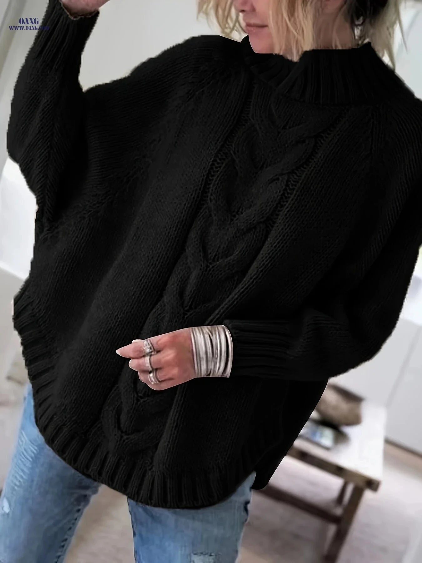 OAXG Women's Vintage High-Neck Sweater - Cozy Loose Fit Pullover   OAXG Dark Gray / S