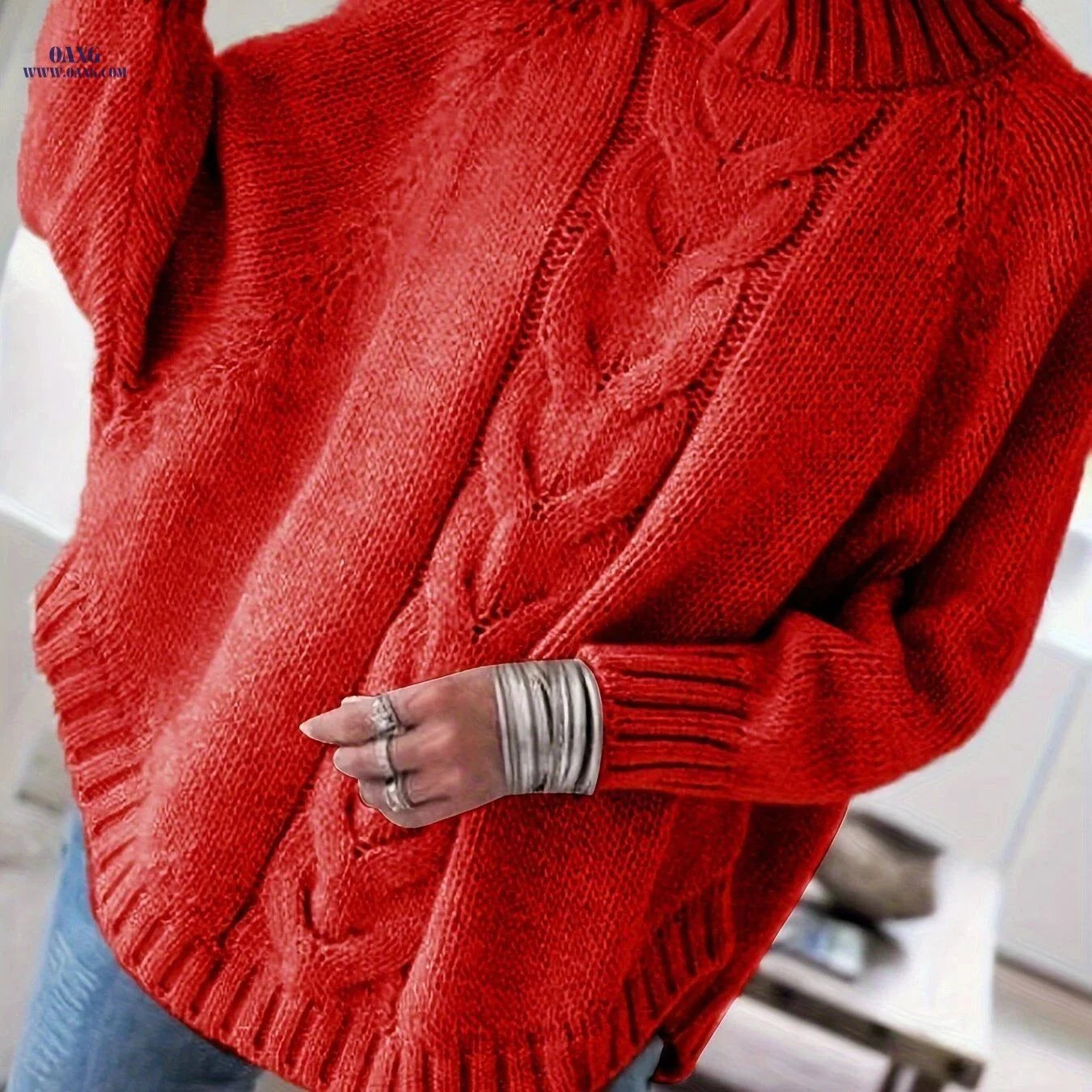 OAXG Women's Vintage High-Neck Sweater - Cozy Loose Fit Pullover   OAXG Dark Gray / S