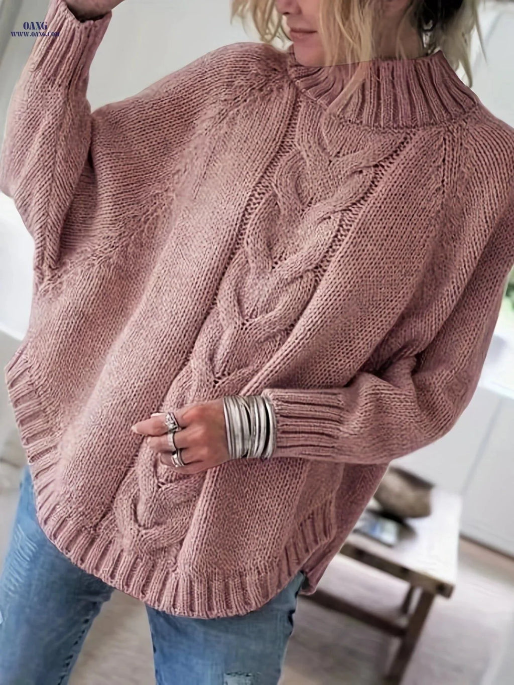 OAXG Women's Vintage High-Neck Sweater - Cozy Loose Fit Pullover   OAXG Dark Gray / S