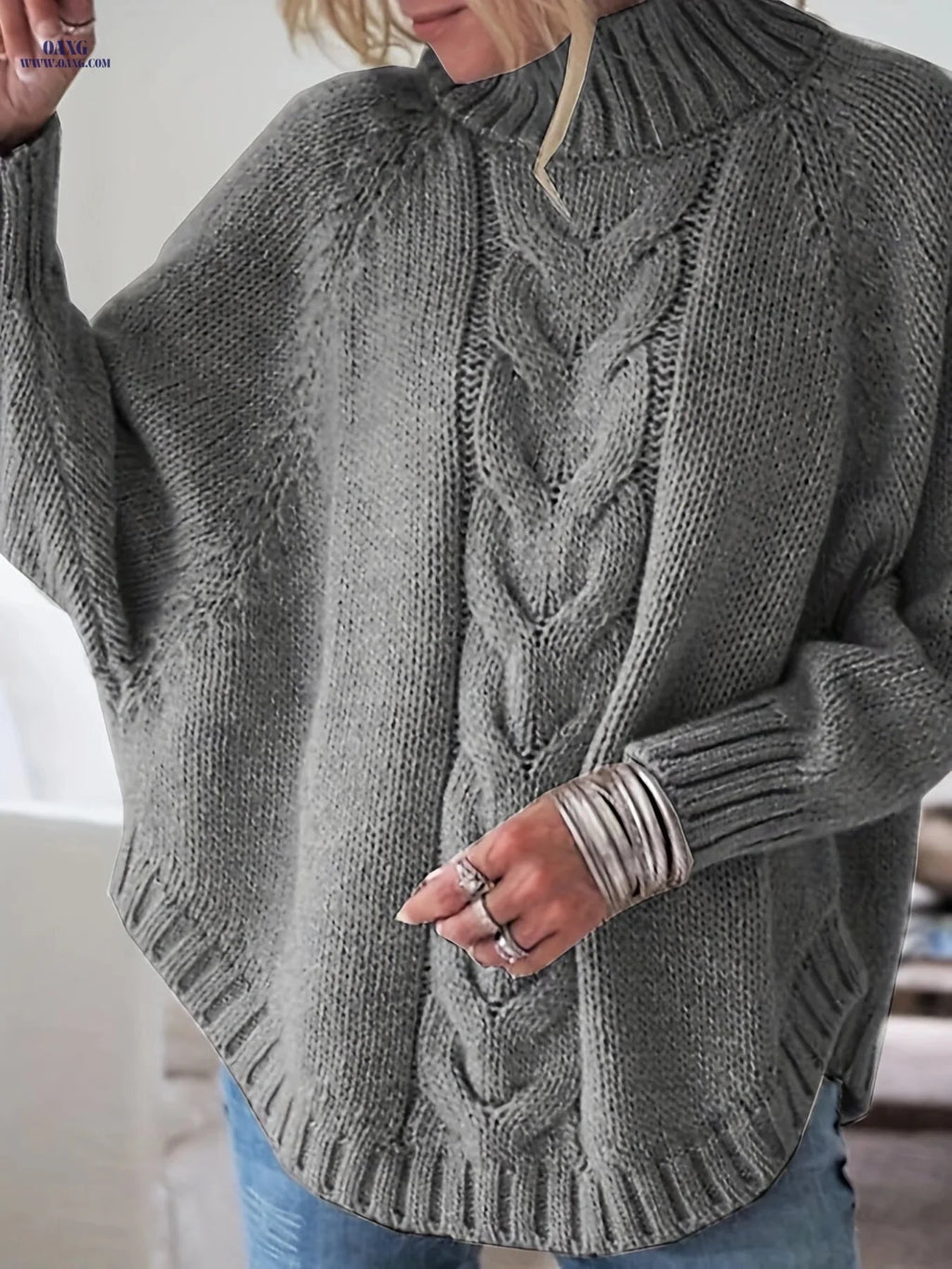 OAXG Women's Vintage High-Neck Sweater - Cozy Loose Fit Pullover   OAXG Dark Gray / S