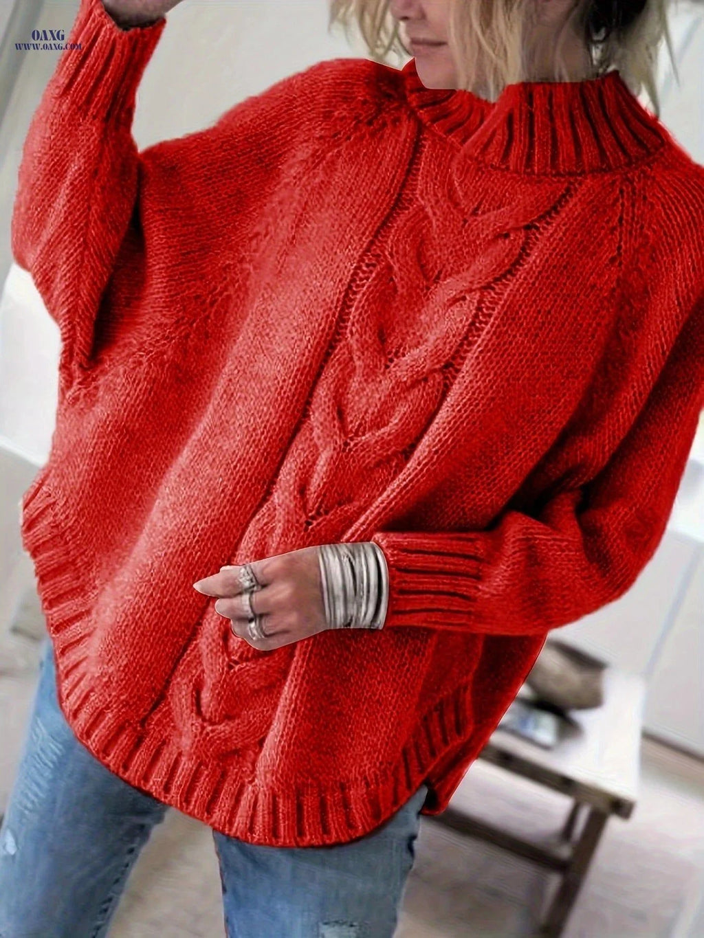 OAXG Women's Vintage High-Neck Sweater - Cozy Loose Fit Pullover   OAXG Dark Gray / S