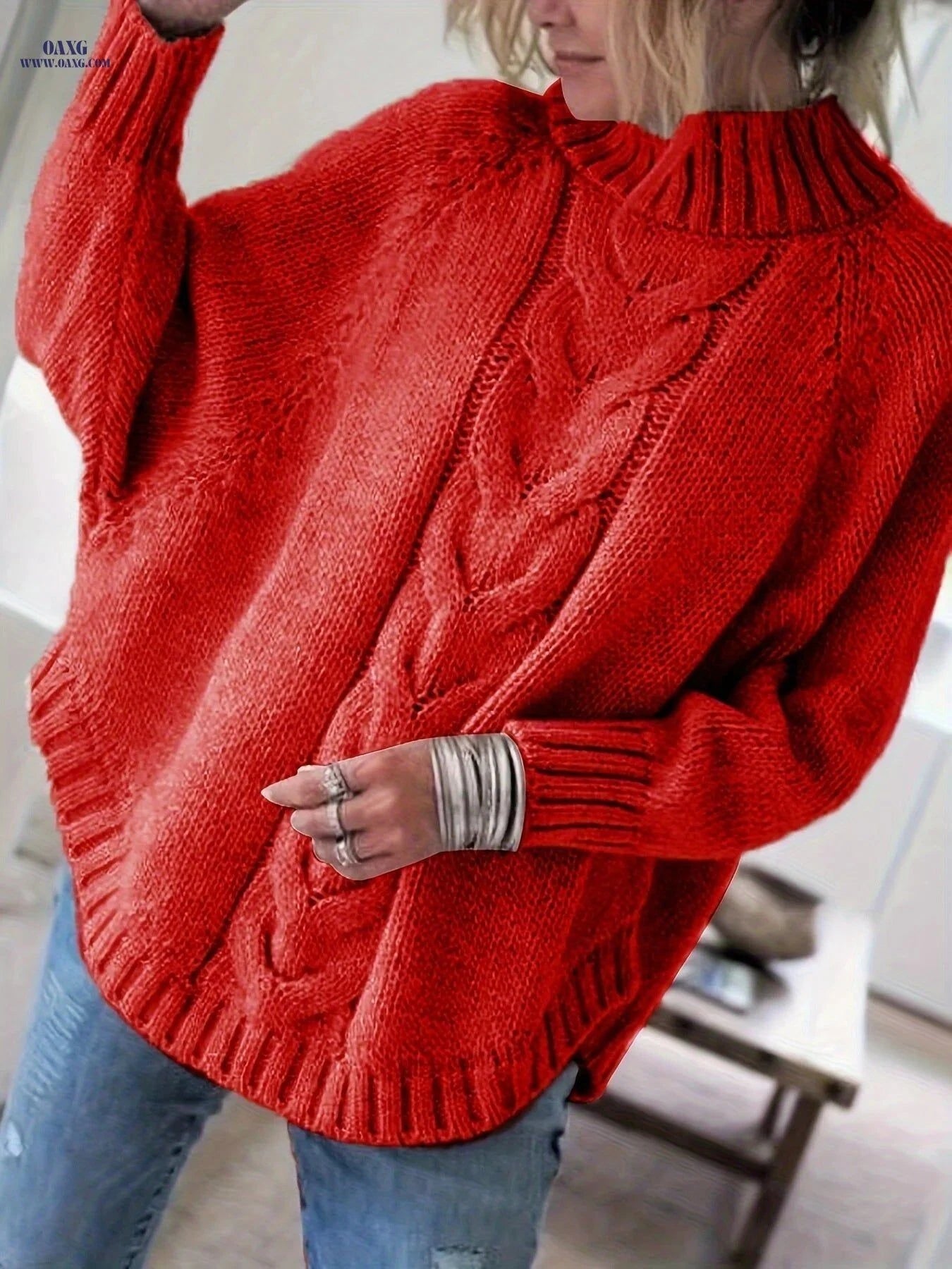OAXG Women's Vintage High-Neck Sweater - Cozy Loose Fit Pullover   OAXG Dark Gray / S