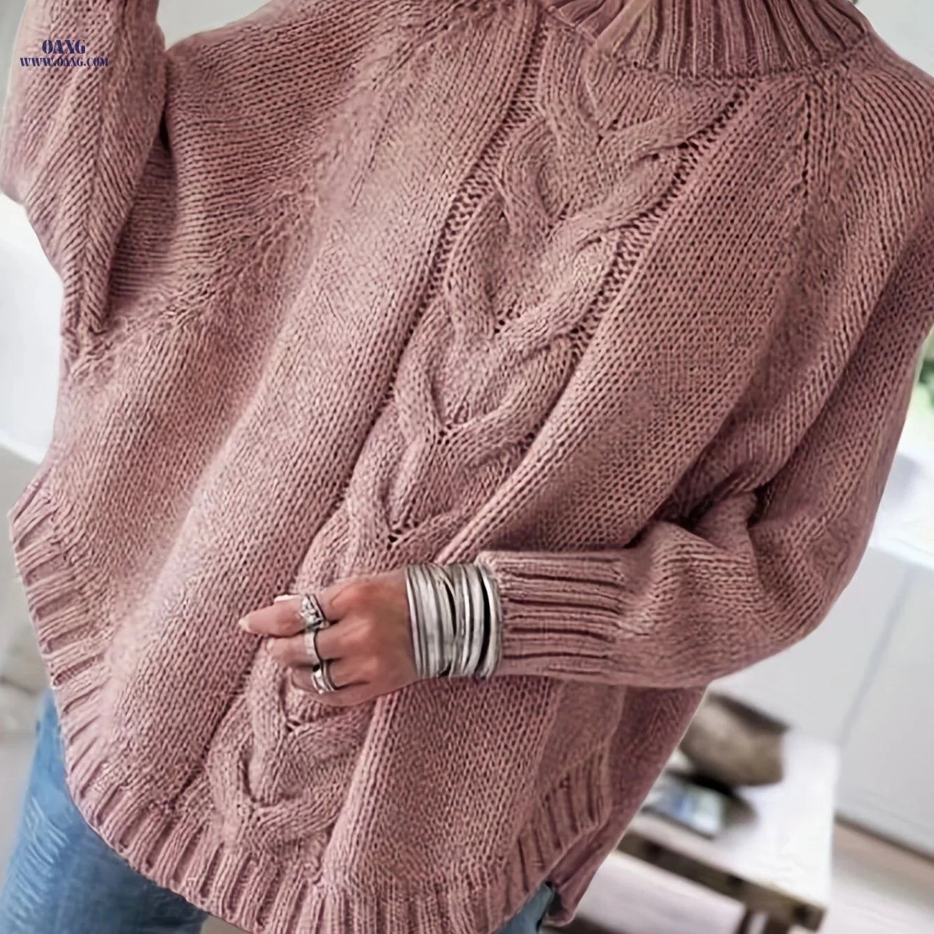OAXG Women's Vintage High-Neck Sweater - Cozy Loose Fit Pullover   OAXG Dark Gray / S