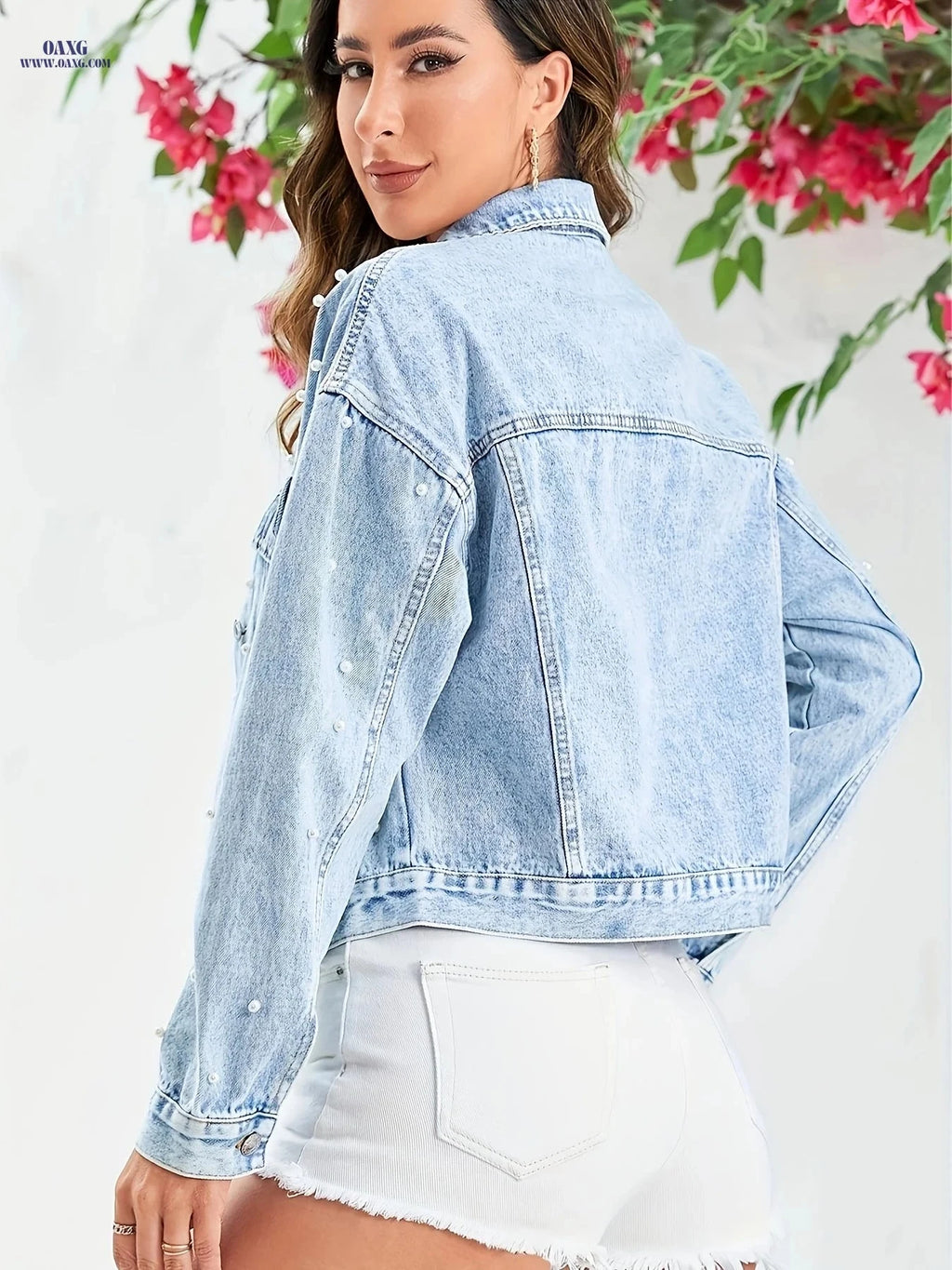 OAXG Women's Vintage Pearl Jacket - Loose-Fit Long Sleeve Top   OAXG 