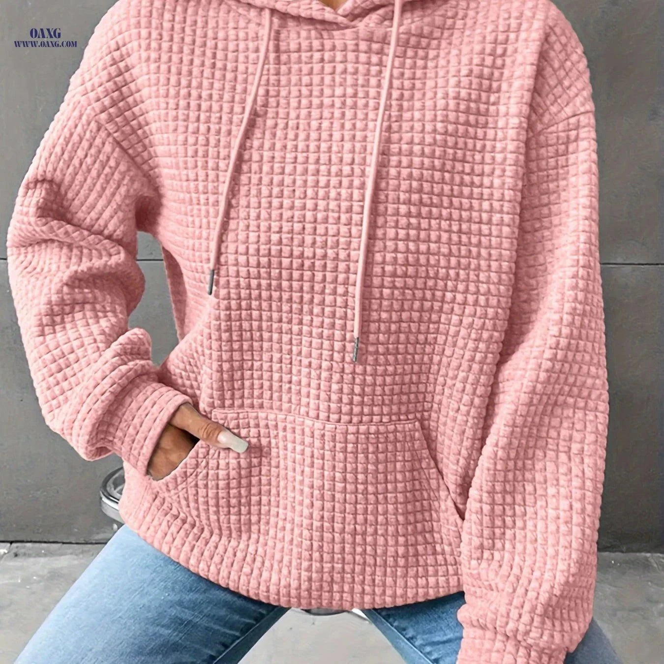 OAXG Women's Waffle Crew Neck Sweatshirt - Casual Fall Style   OAXG Burgundy / S