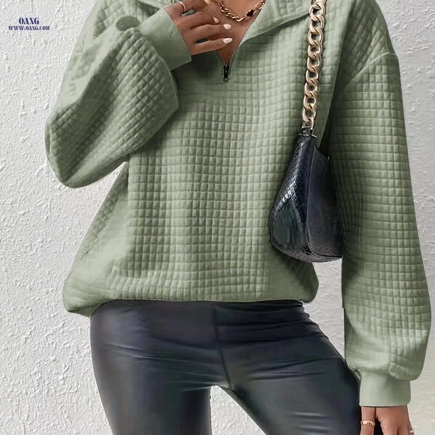 OAXG Women's Waffle Grid Quarter Zip Pullover - Casual Fall Style   OAXG White / S