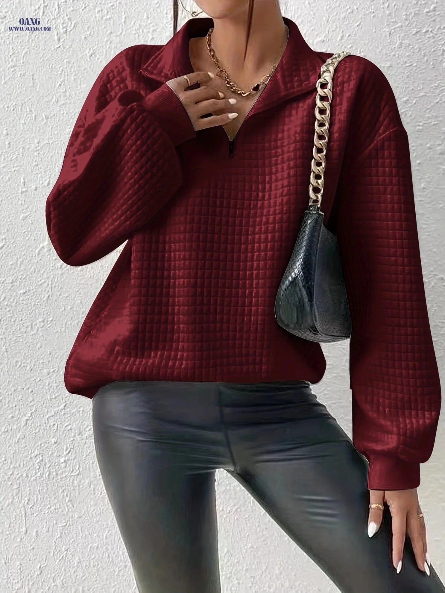 OAXG Women's Waffle Grid Quarter Zip Pullover - Casual Fall Style   OAXG White / S