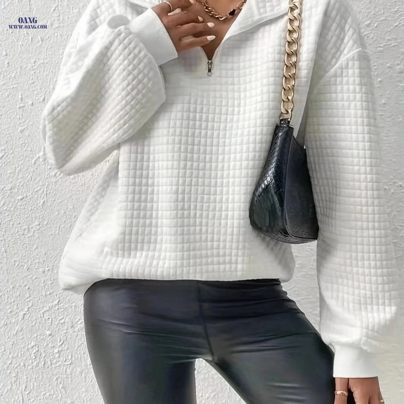 OAXG Women's Waffle Grid Quarter Zip Pullover - Casual Fall Style   OAXG White / S