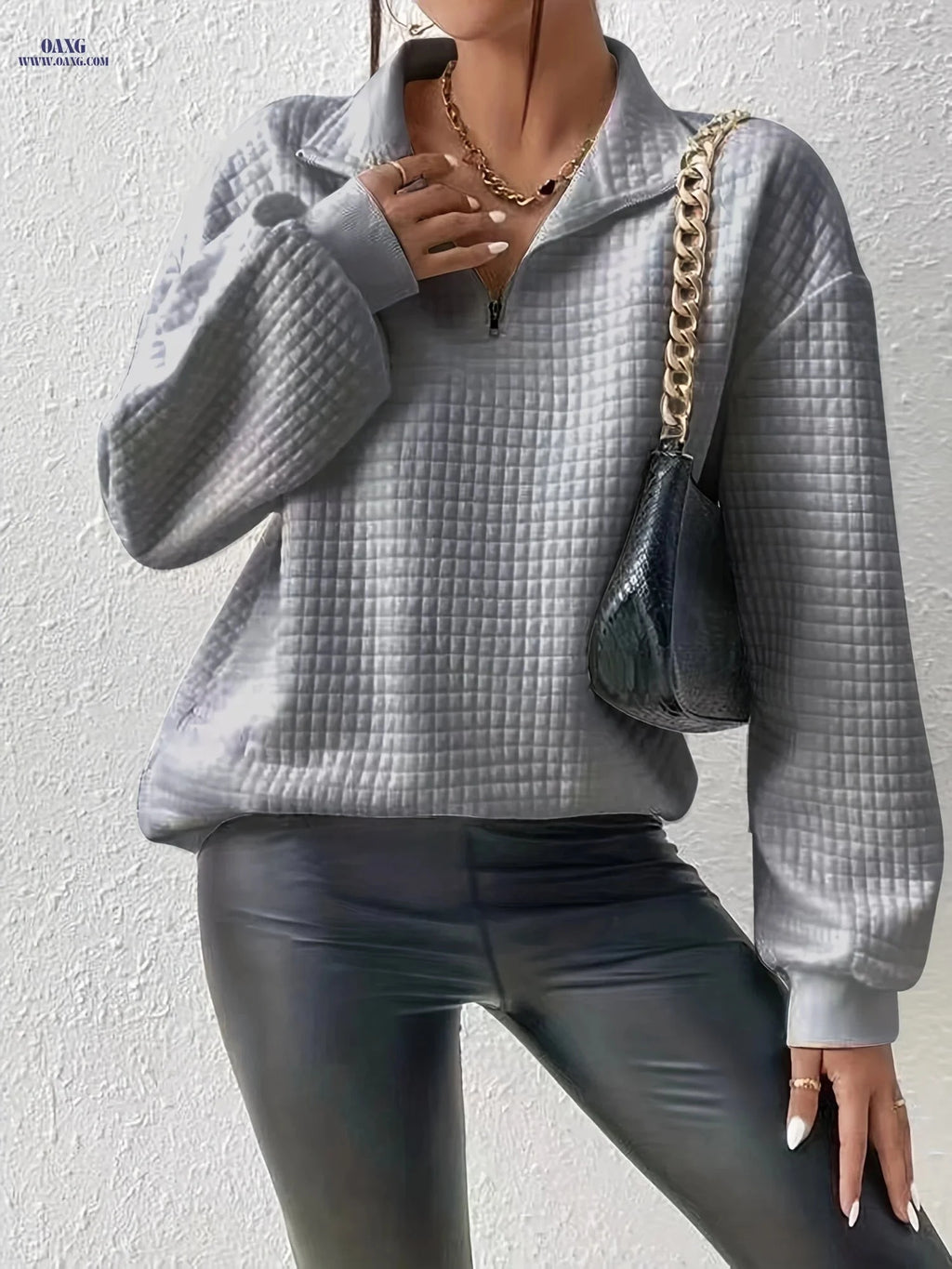 OAXG Women's Waffle Grid Quarter Zip Pullover - Casual Fall Style   OAXG White / S
