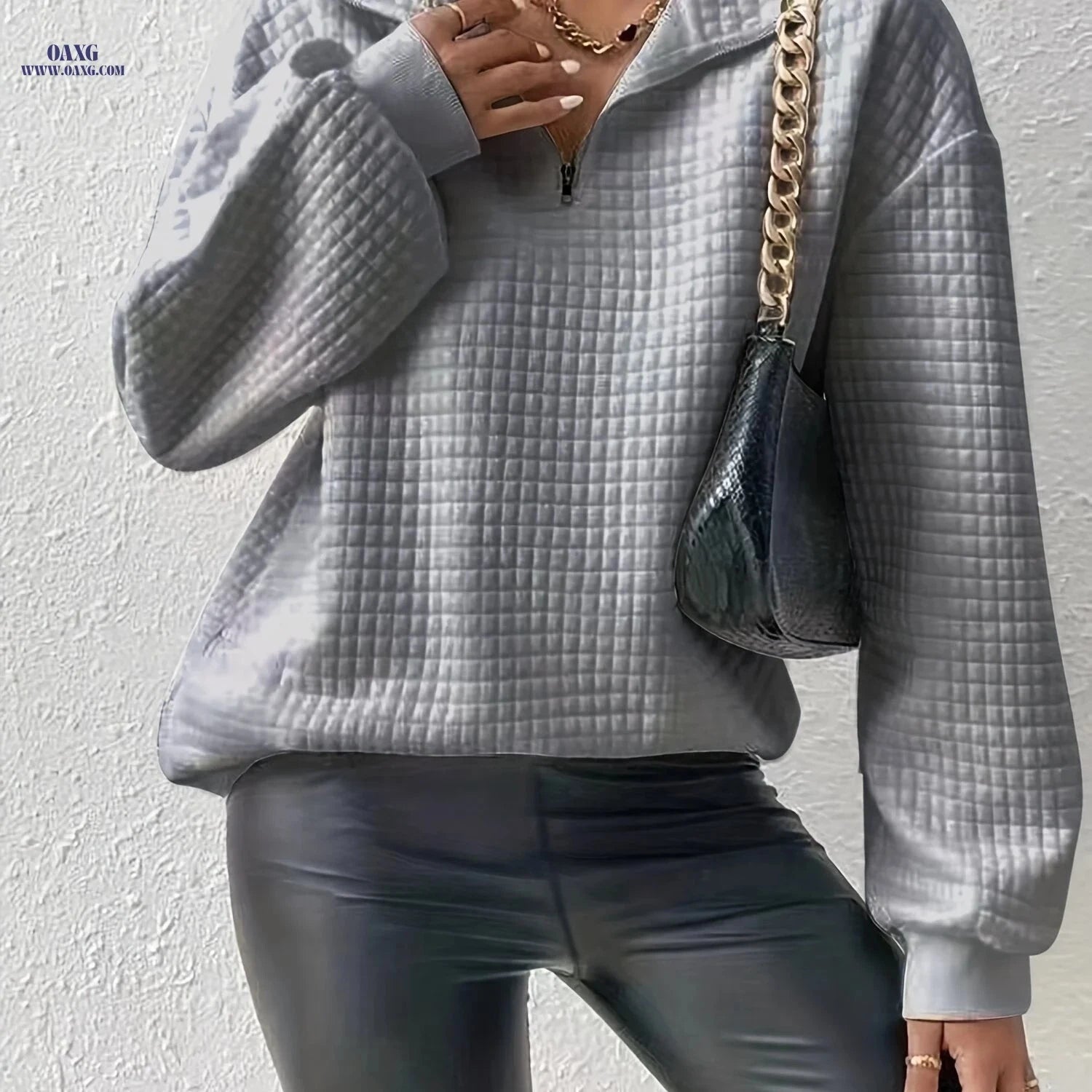 OAXG Women's Waffle Grid Quarter Zip Pullover - Fall & Winter Style   OAXG White / S
