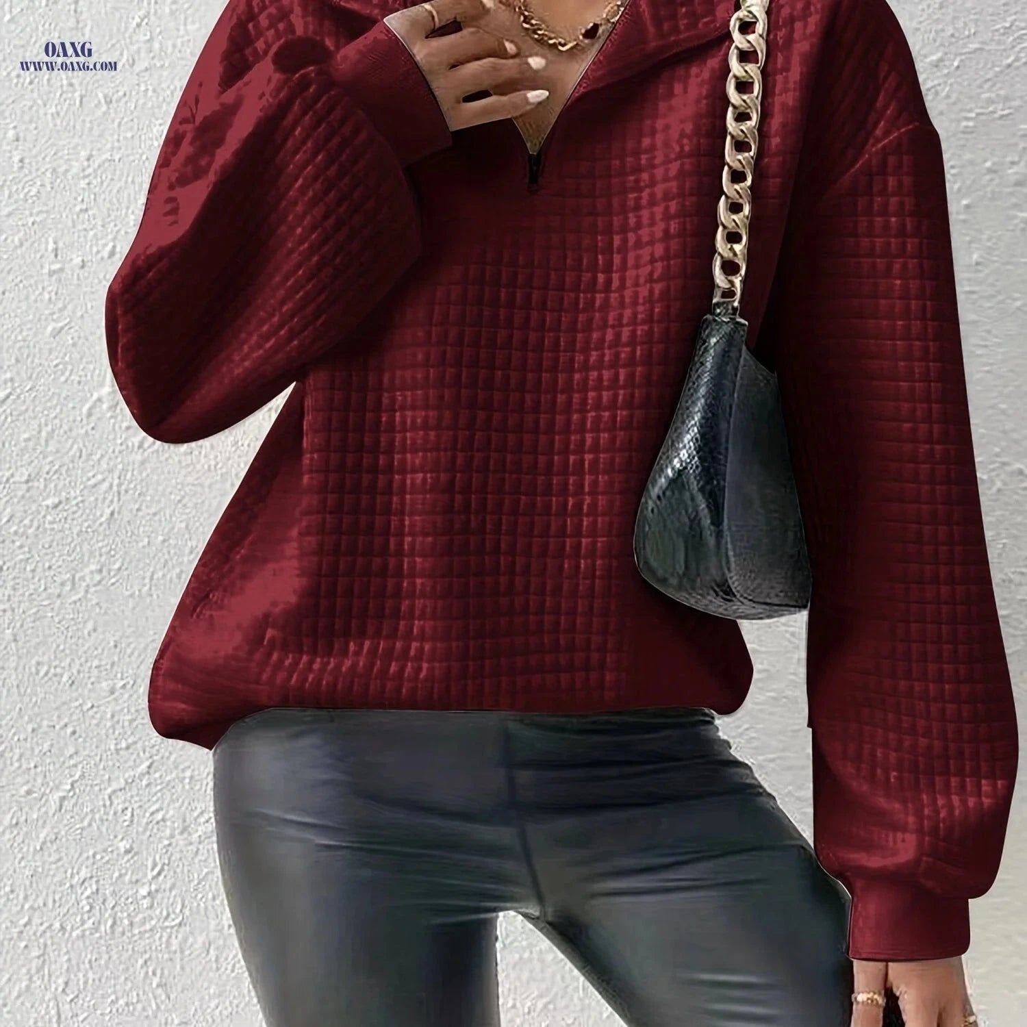 OAXG Women's Waffle Grid Quarter Zip Pullover - Fall & Winter Style   OAXG White / S