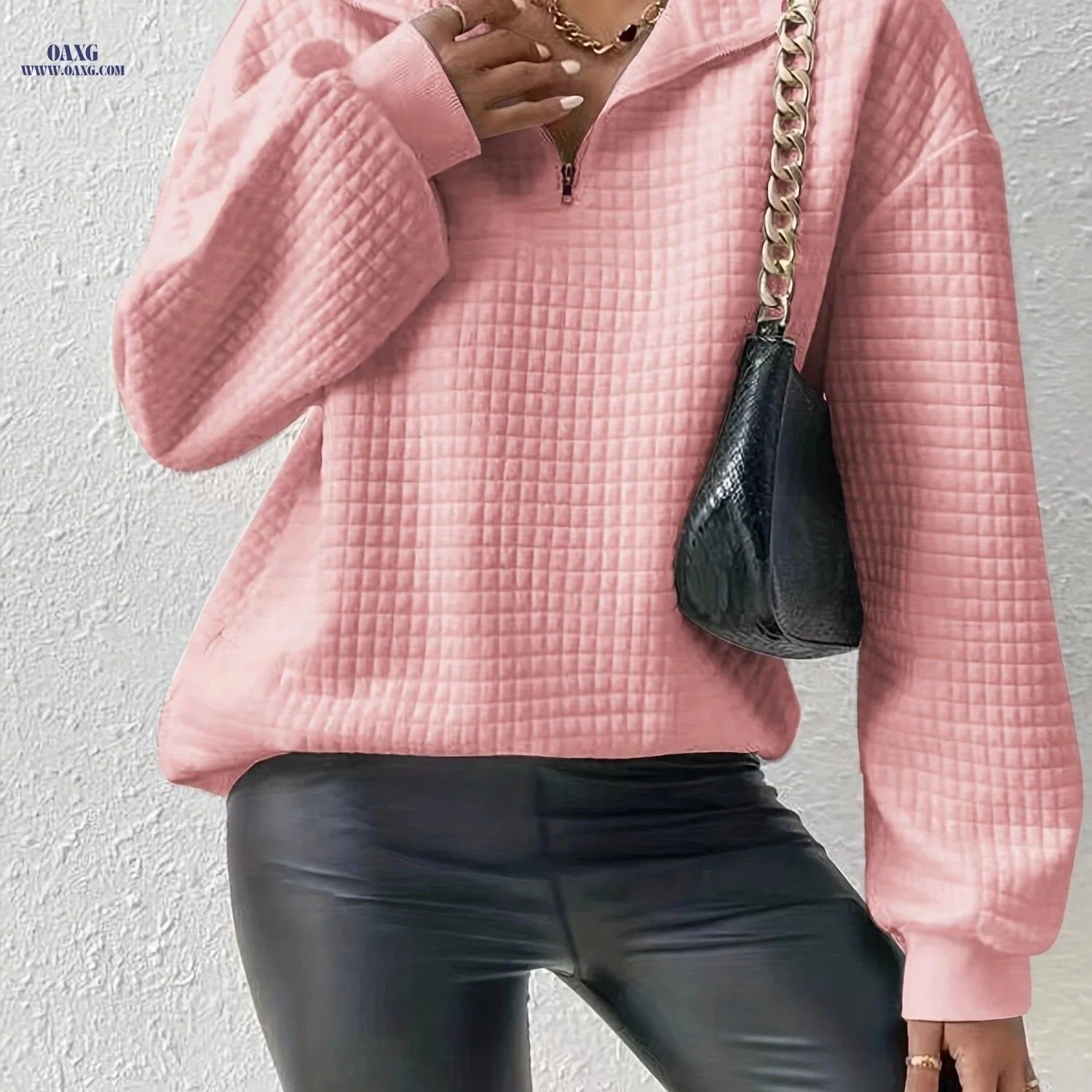 OAXG Women's Waffle Grid Quarter Zip Pullover - Fall & Winter Style   OAXG White / S