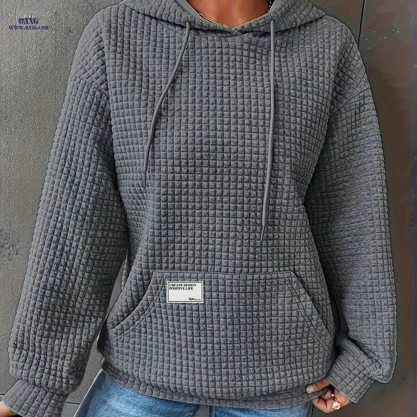 OAXG Women's Waffle Hooded Sweatshirt - Cozy Solid Color Design   OAXG Dark Gray / S