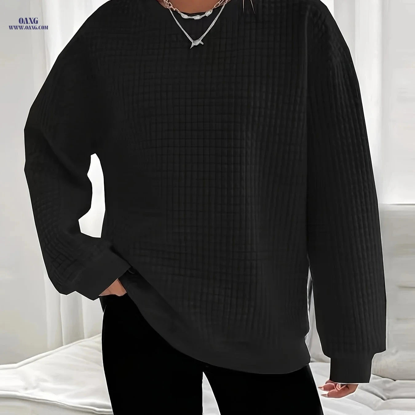 OAXG Women’s Waffle Knit Sweater - Long Sleeve, Casual Crew Neck   OAXG 