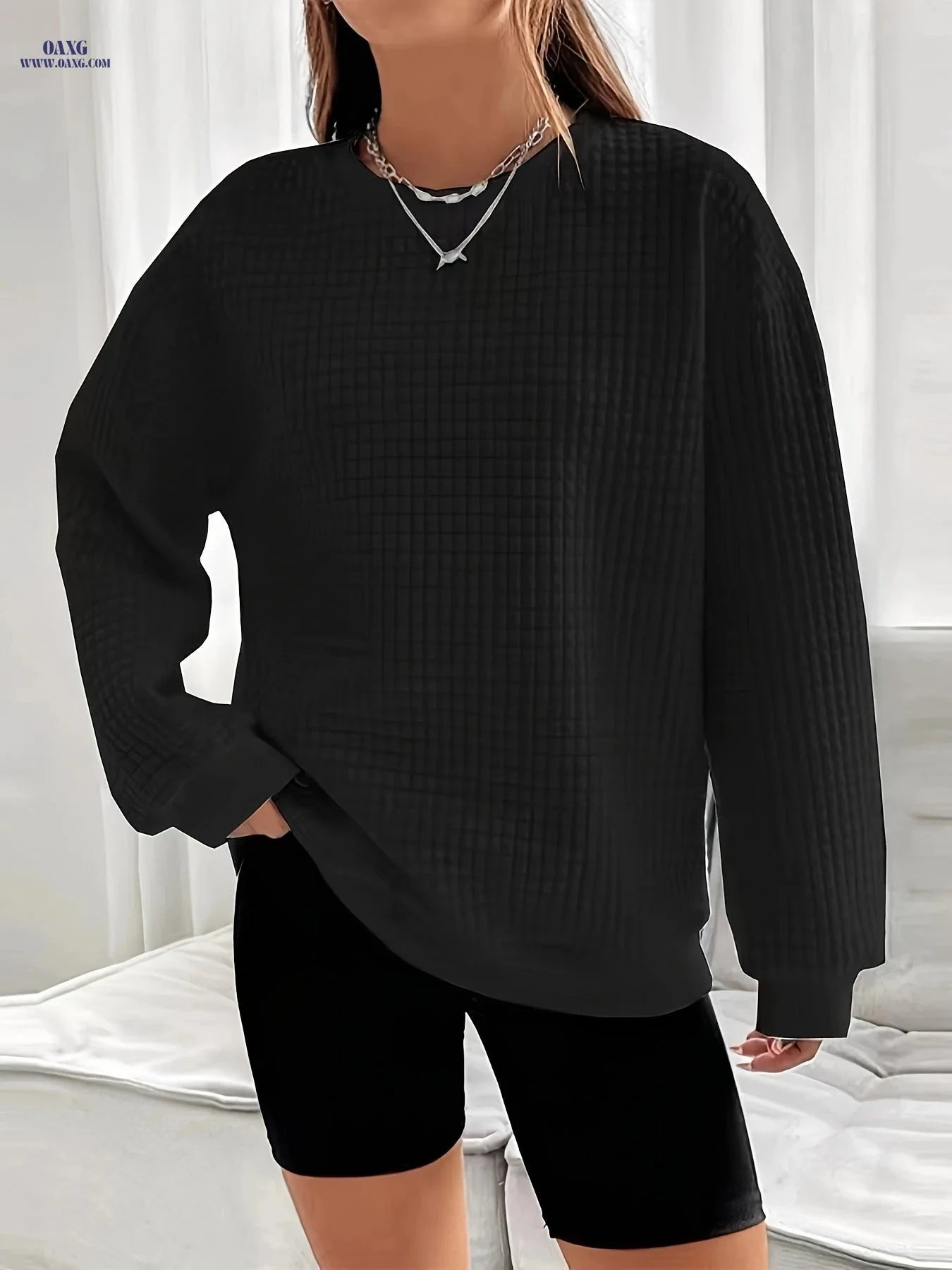 OAXG Women’s Waffle Knit Sweater - Long Sleeve, Casual Crew Neck   OAXG 