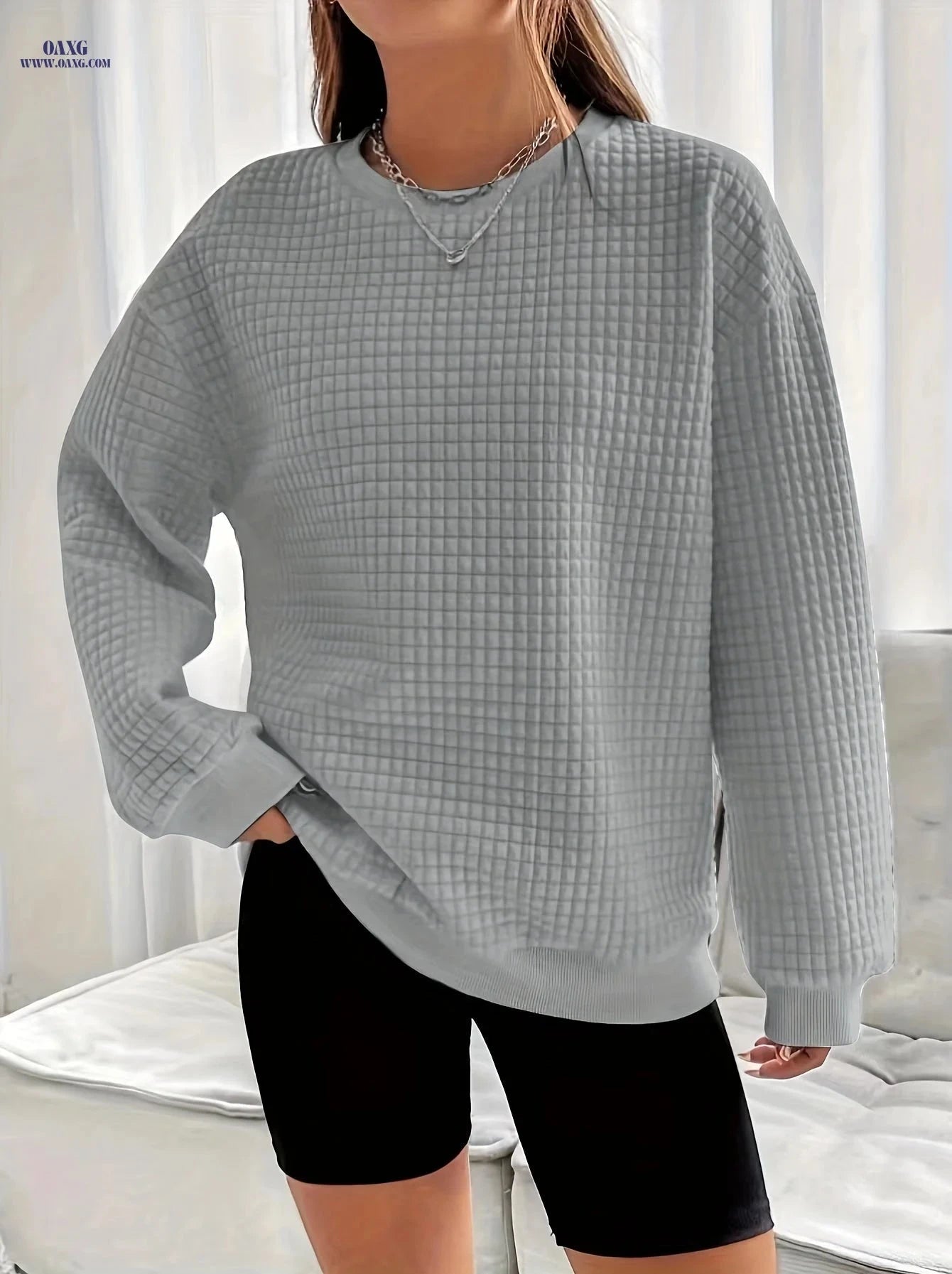 OAXG Women’s Waffle Knit Sweater - Long Sleeve, Casual Crew Neck   OAXG 