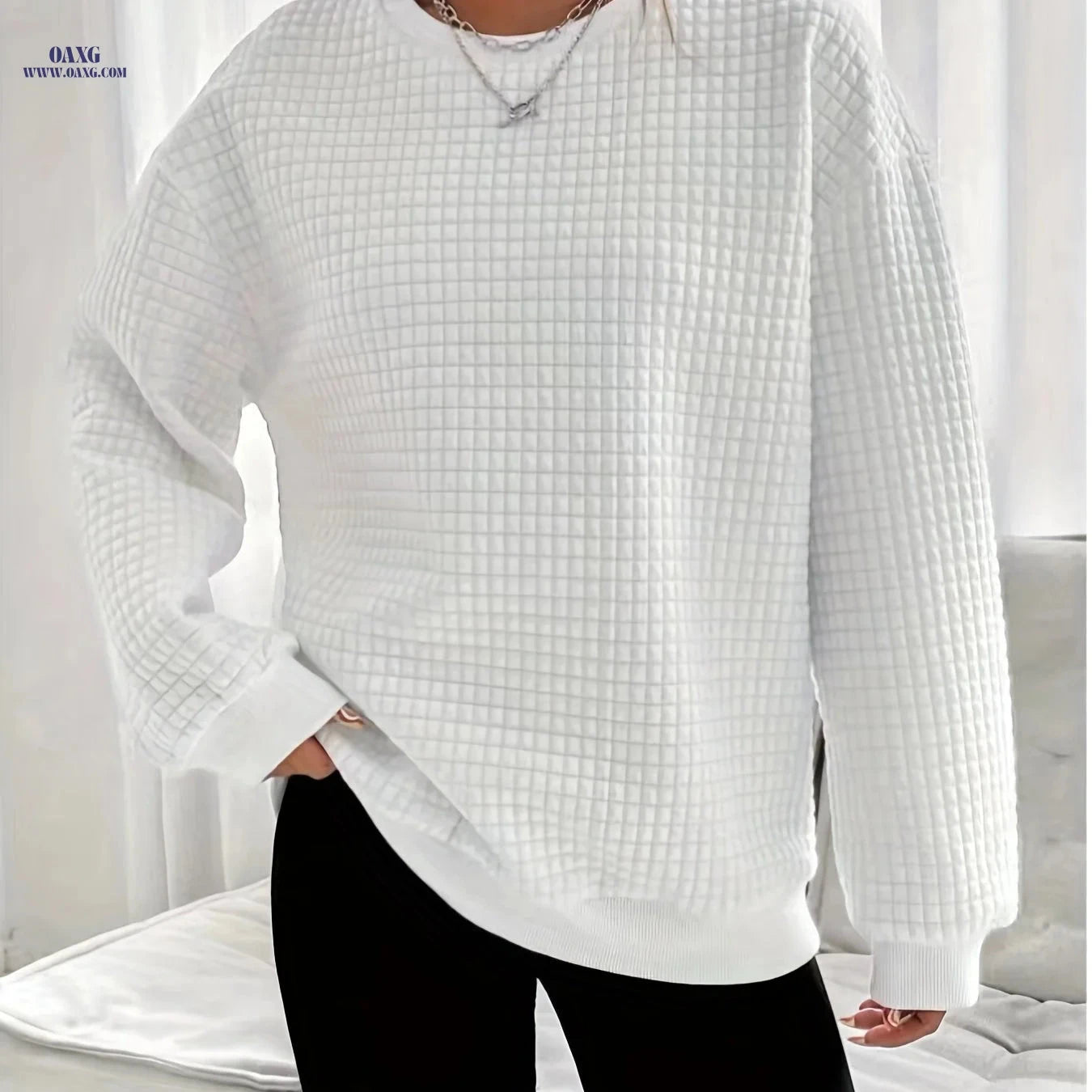 OAXG Women’s Waffle Knit Sweater - Long Sleeve, Casual Crew Neck   OAXG 