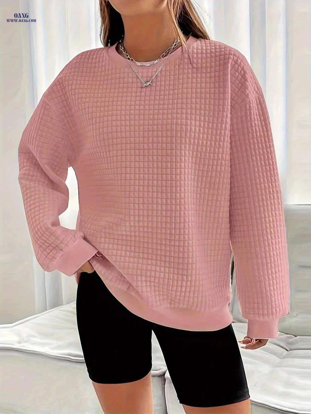 OAXG Women’s Waffle Knit Sweater - Long Sleeve, Casual Crew Neck   OAXG 
