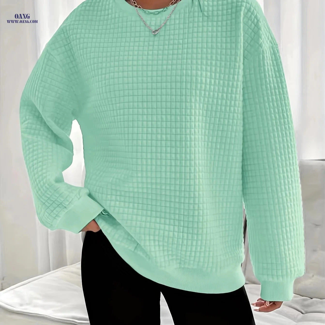 OAXG Women’s Waffle Knit Sweater - Long Sleeve, Casual Crew Neck   OAXG 