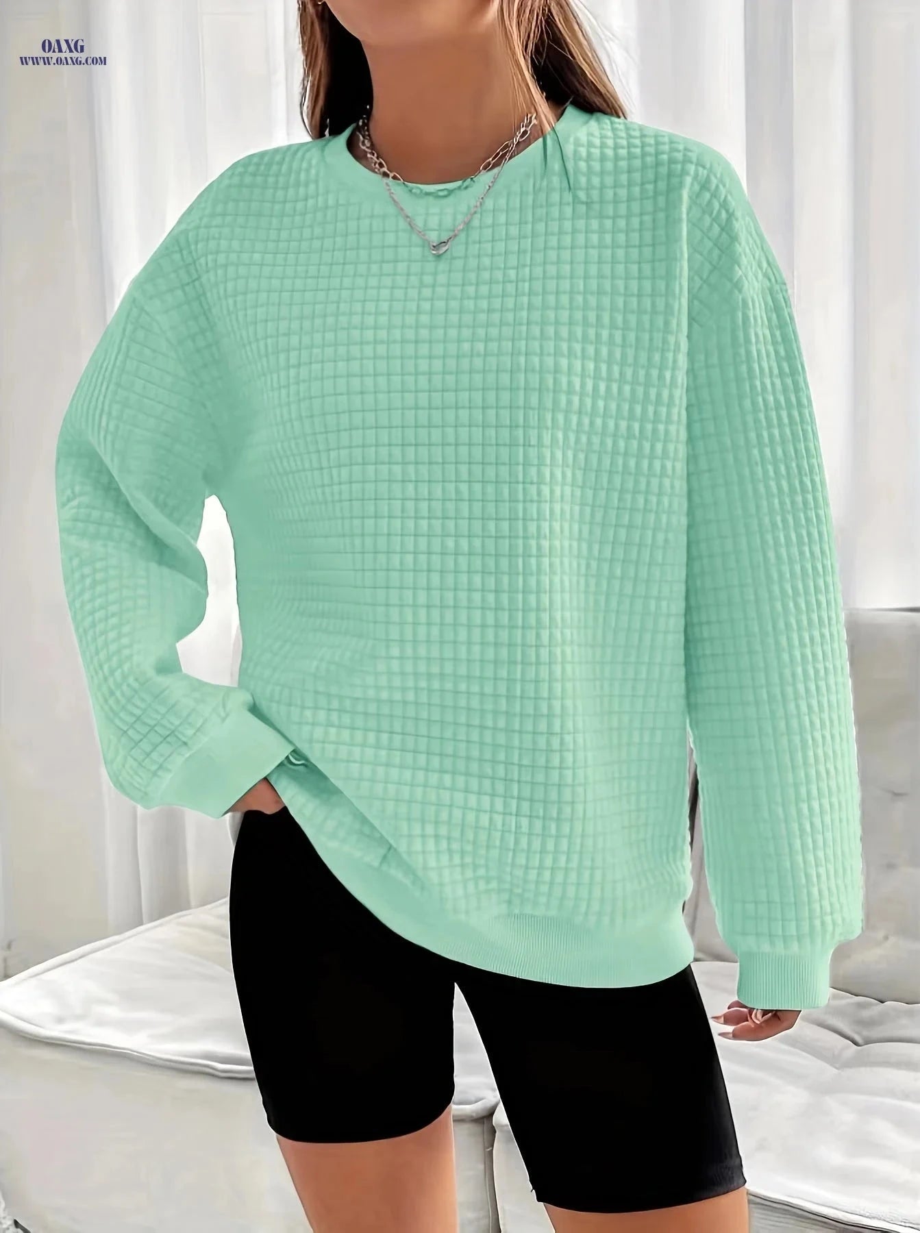 OAXG Women’s Waffle Knit Sweater - Long Sleeve, Casual Crew Neck   OAXG 
