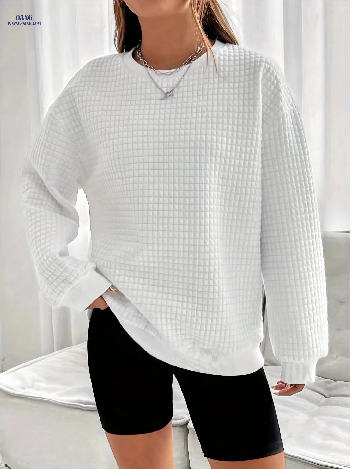 OAXG Women’s Waffle Knit Sweater - Long Sleeve, Casual Crew Neck   OAXG 
