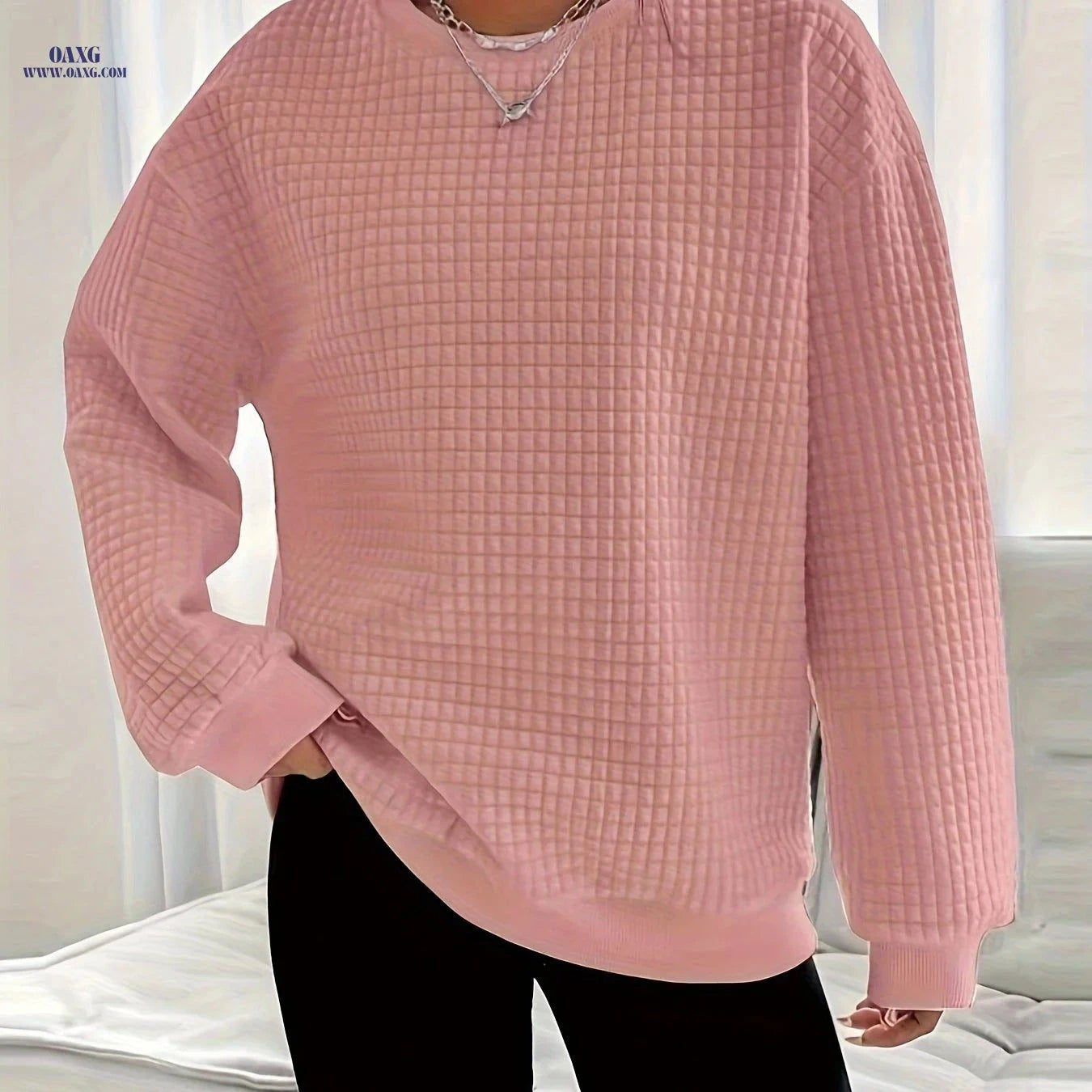 OAXG Women’s Waffle Knit Sweater - Long Sleeve, Casual Crew Neck   OAXG 