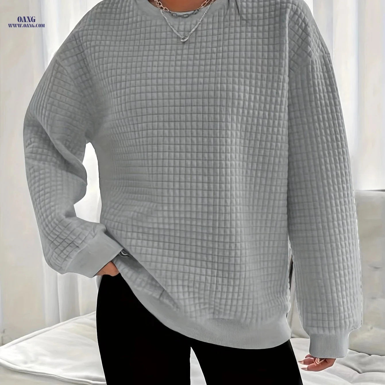 OAXG Women’s Waffle Knit Sweater - Long Sleeve, Casual Crew Neck   OAXG 