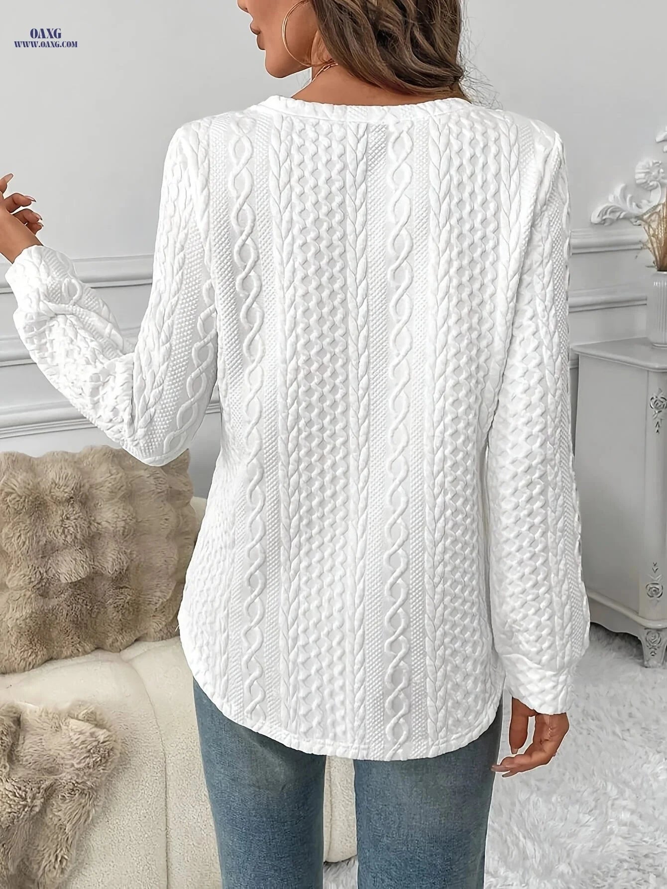OAXG Women's Warm Double-Layer Sweatshirt - Casual Fall Style   OAXG White / S