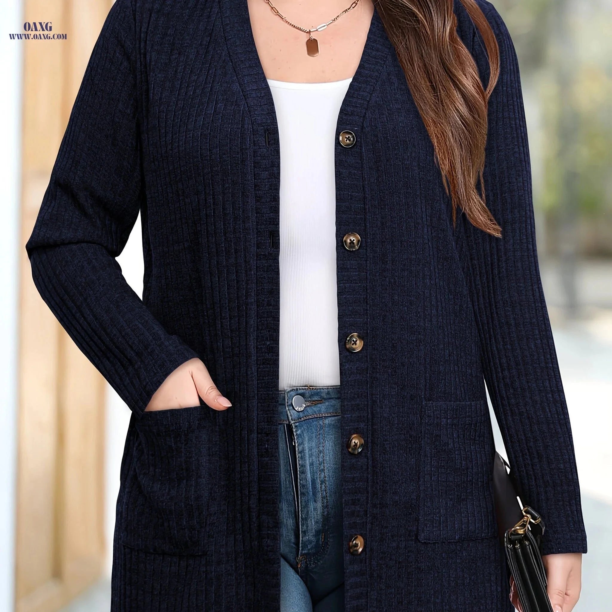 OAXG Women's Warm Fashion Cardigan - Elegant with Pockets   OAXG Black / S