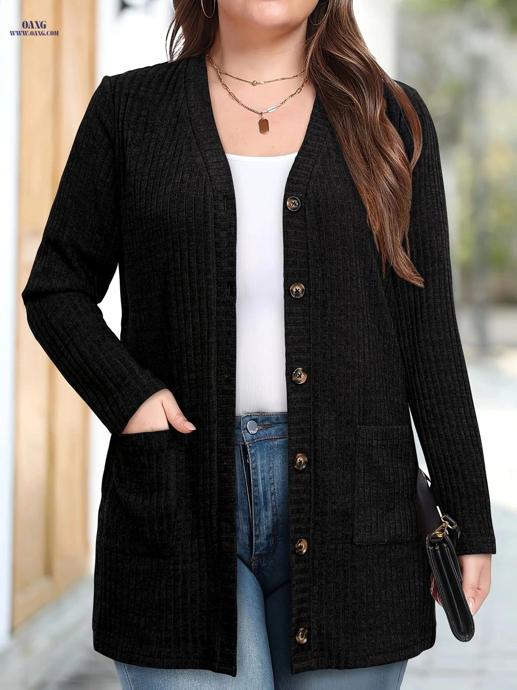 OAXG Women's Warm Fashion Cardigan - Elegant with Pockets   OAXG Black / S