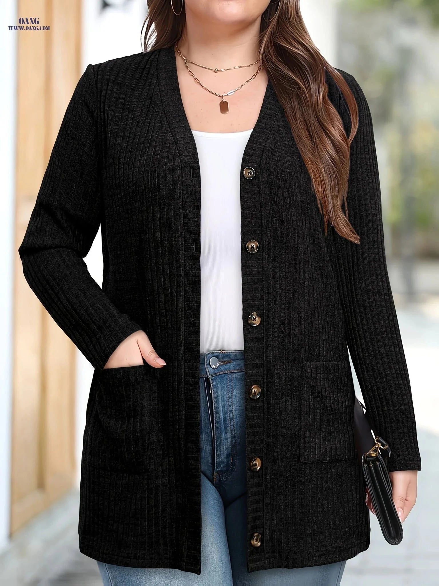 OAXG Women's Warm Fashion Cardigan - Elegant with Pockets   OAXG Black / S