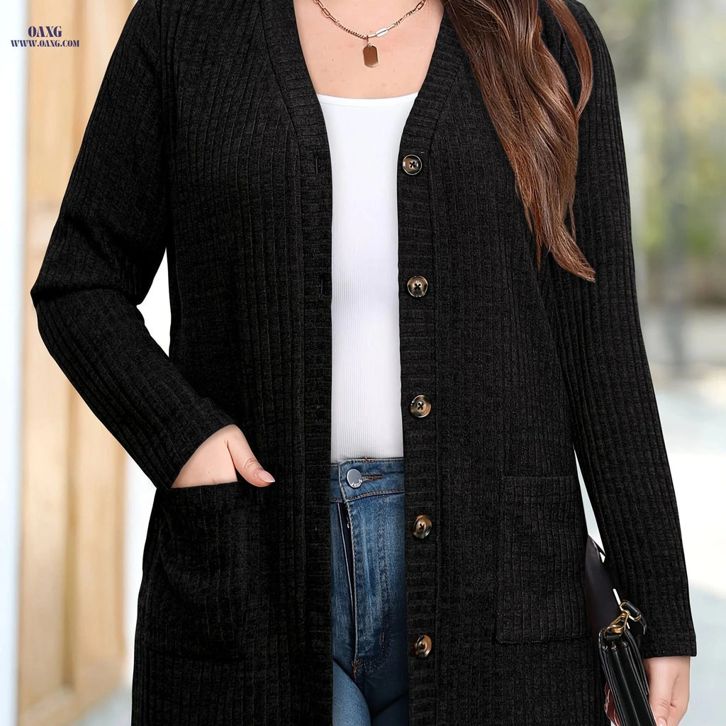 OAXG Women's Warm Fashion Cardigan - Elegant with Pockets   OAXG Black / S