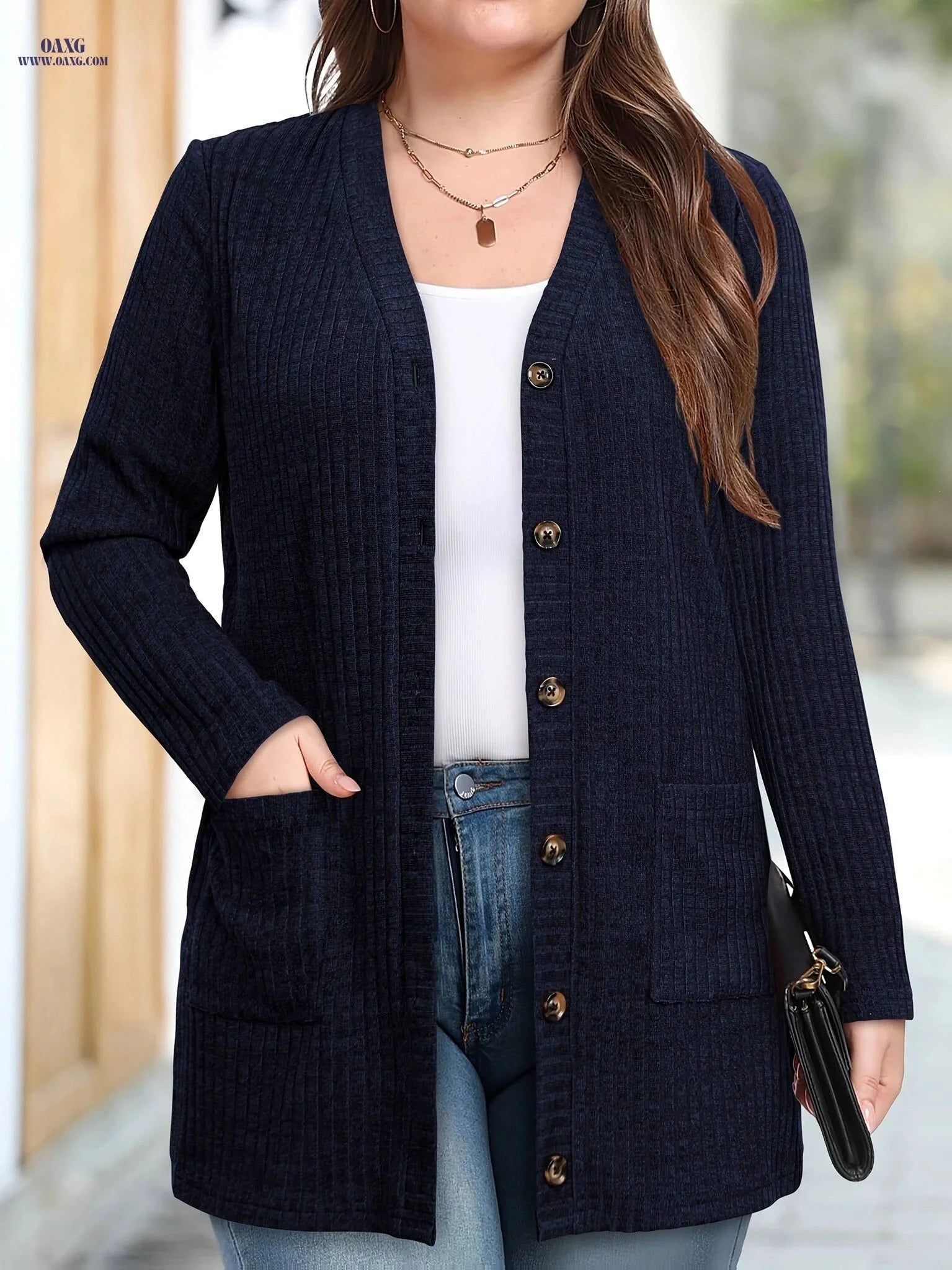 OAXG Women's Warm Fashion Cardigan - Elegant with Pockets   OAXG Black / S