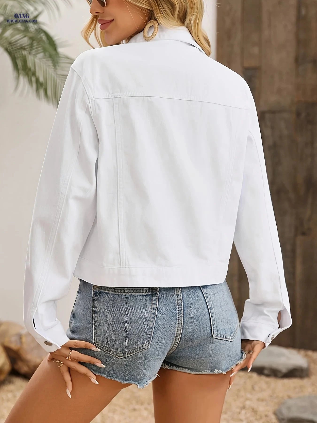 OAXG Women's White Stretch Denim Jacket - Casual Spring/Fall Fashion   OAXG 