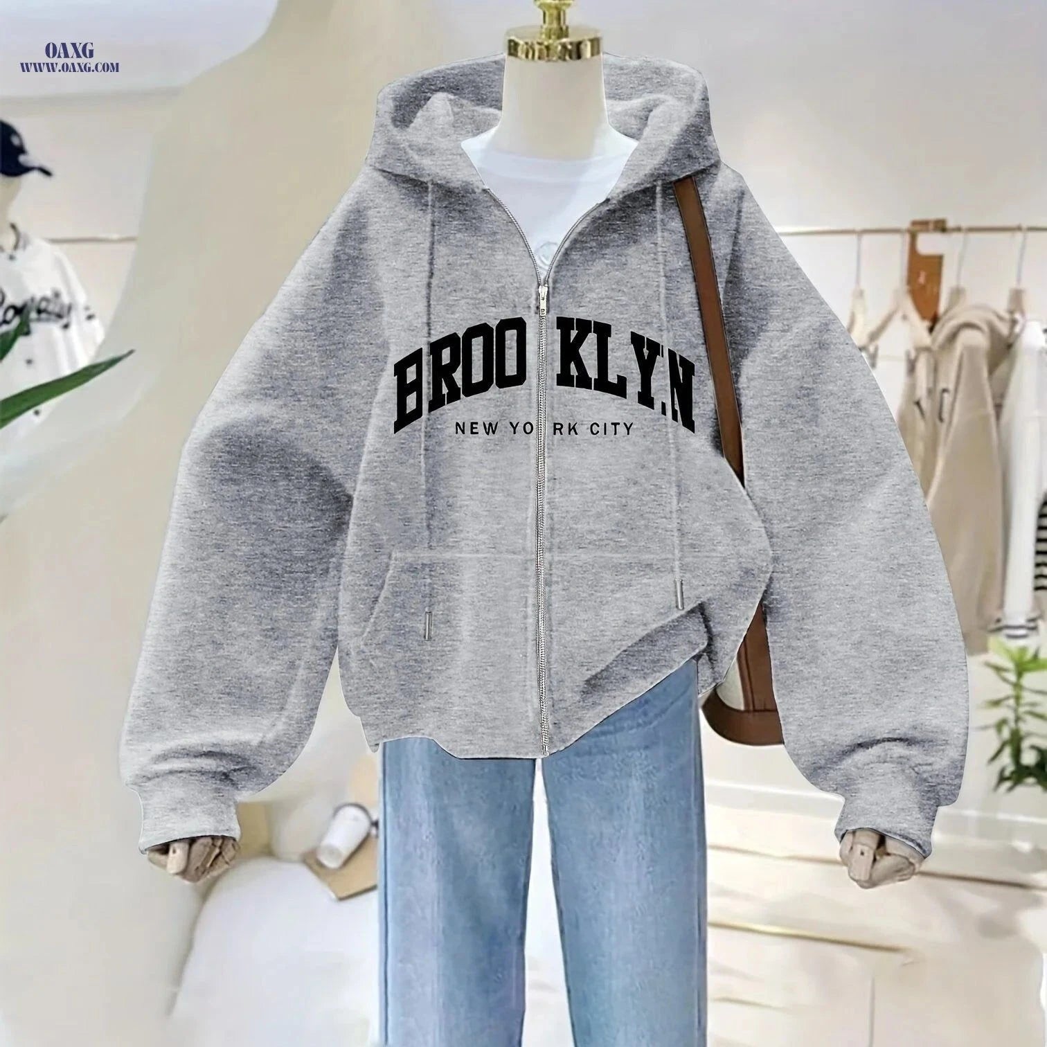 OAXG Women's Zip Hoodie - Casual Brooklyn Letter Print for Fall   OAXG White / S