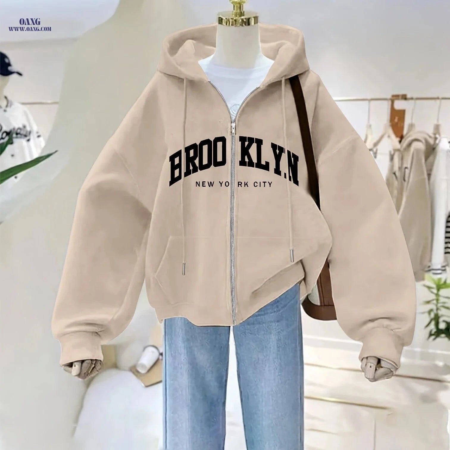 OAXG Women's Zip Hoodie - Casual Brooklyn Letter Print for Fall   OAXG White / S