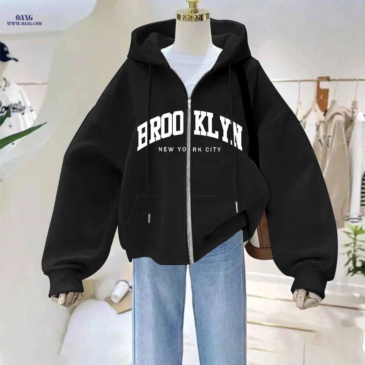 OAXG Women's Zip Hoodie - Casual Brooklyn Letter Print for Fall   OAXG White / S