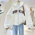 OAXG Women's Zip Hoodie - Casual Brooklyn Letter Print for Fall   OAXG White / S