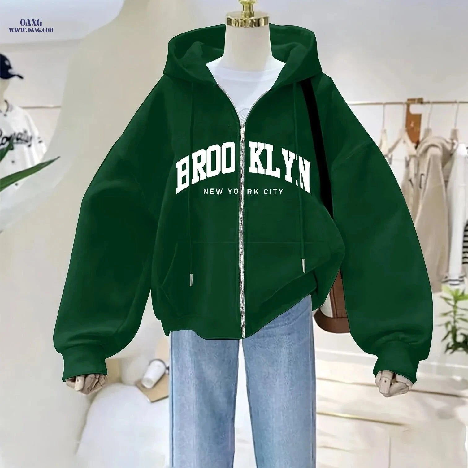 OAXG Women's Zip Hoodie - Casual Brooklyn Letter Print for Fall   OAXG White / S