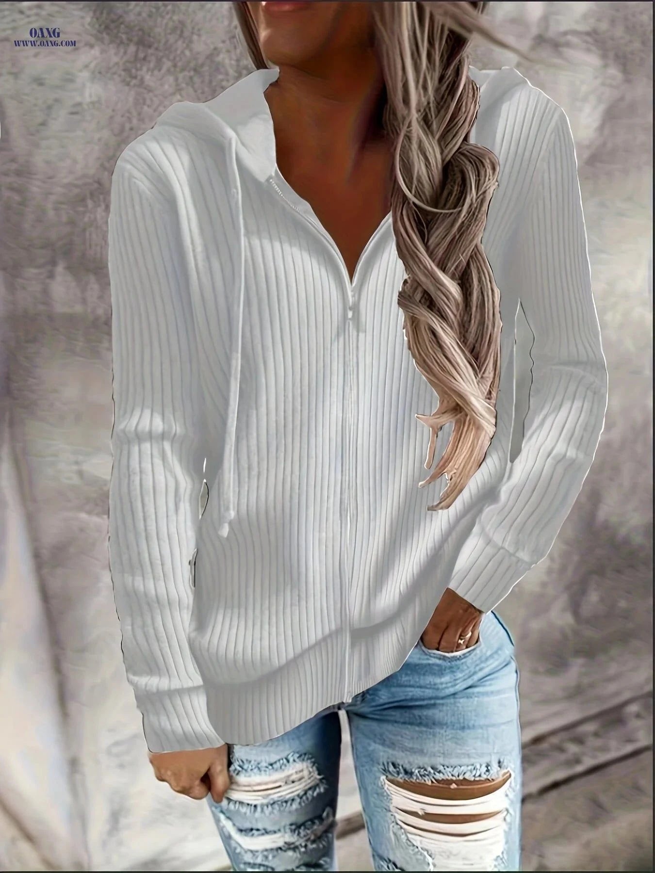OAXG Women's Zip Up Drawstring Hoodie - Casual Long Sleeve Sweatshirt   OAXG White / S
