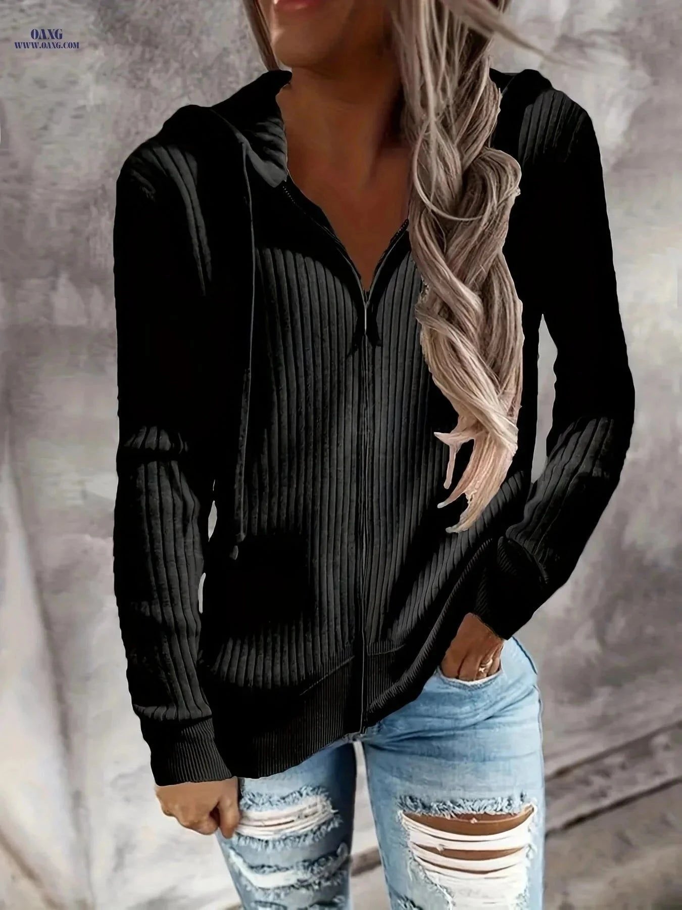 OAXG Women's Zip Up Drawstring Hoodie - Casual Long Sleeve Sweatshirt   OAXG White / S