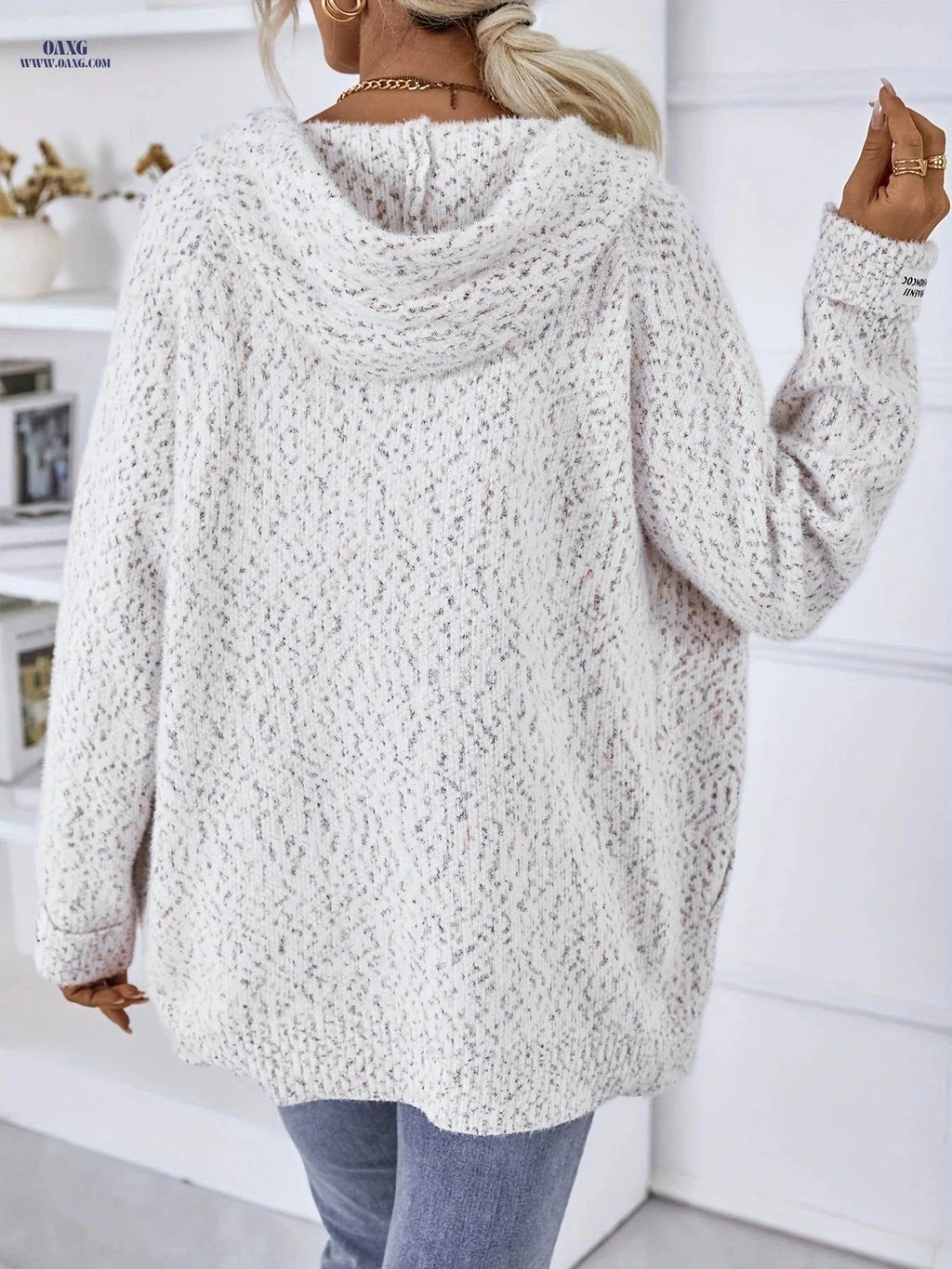 OAXG Women's Zip-Up Hooded Sweater - Elegant Loose Fit, Long Sleeve   OAXG pink color / S
