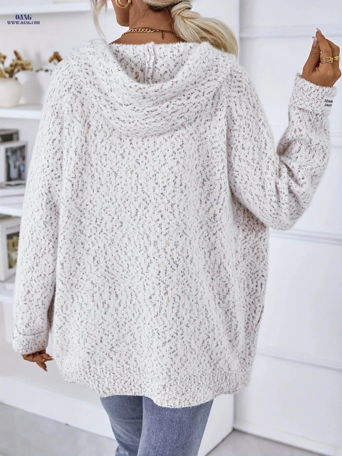 OAXG Women's Zip-Up Hooded Sweater - Elegant Loose Fit, Long Sleeve   OAXG pink color / S