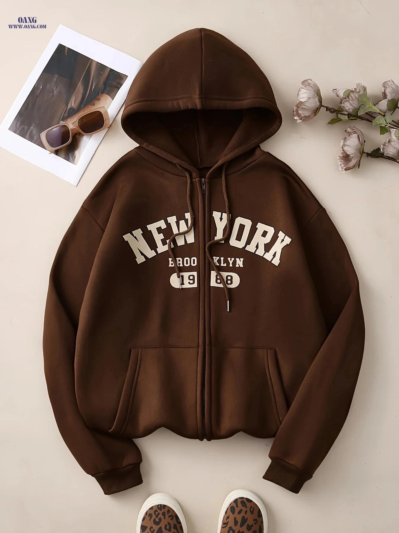 OAXG Women's Zip-Up Hoodie - Casual Fleece Jacket for Spring/Fall   OAXG 