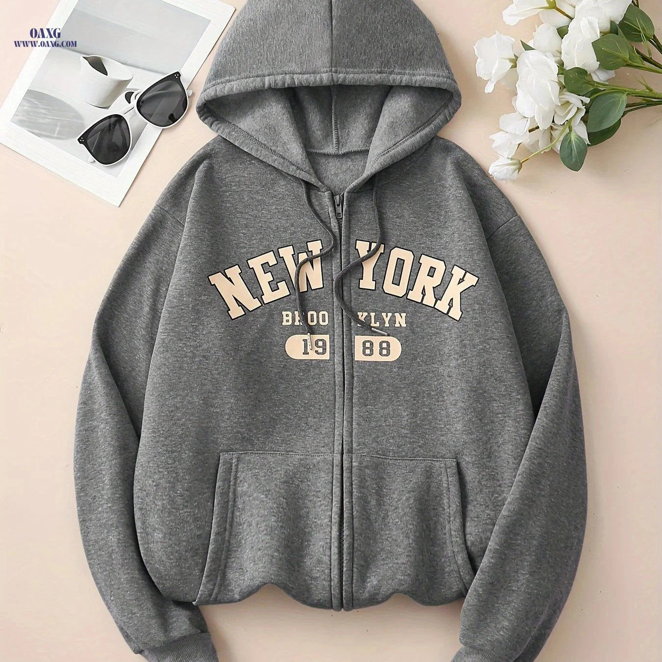 OAXG Women's Zip-Up Hoodie - Casual Fleece Jacket for Spring/Fall   OAXG 