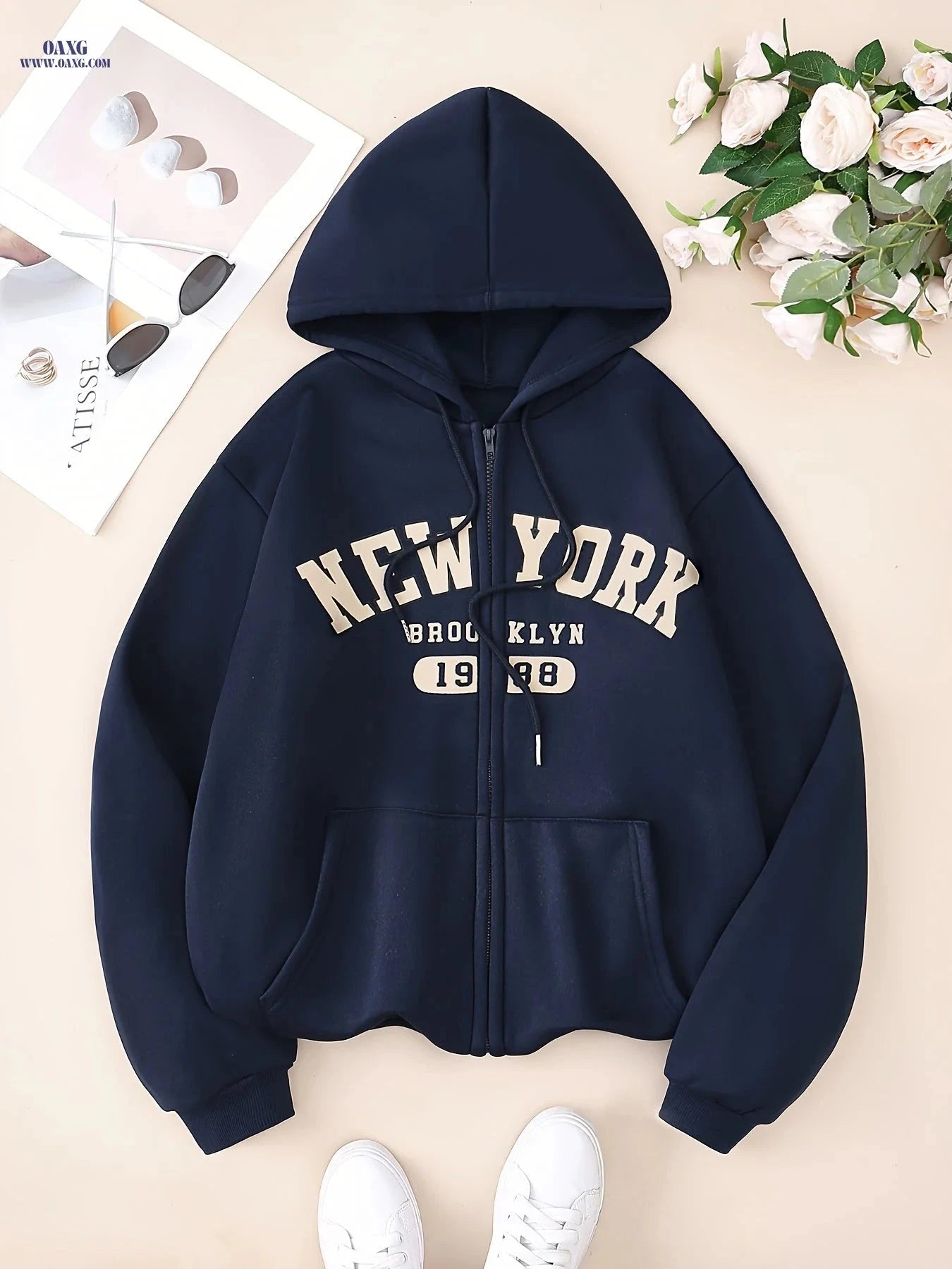 OAXG Women's Zip-Up Hoodie - Casual Fleece Jacket for Spring/Fall   OAXG 