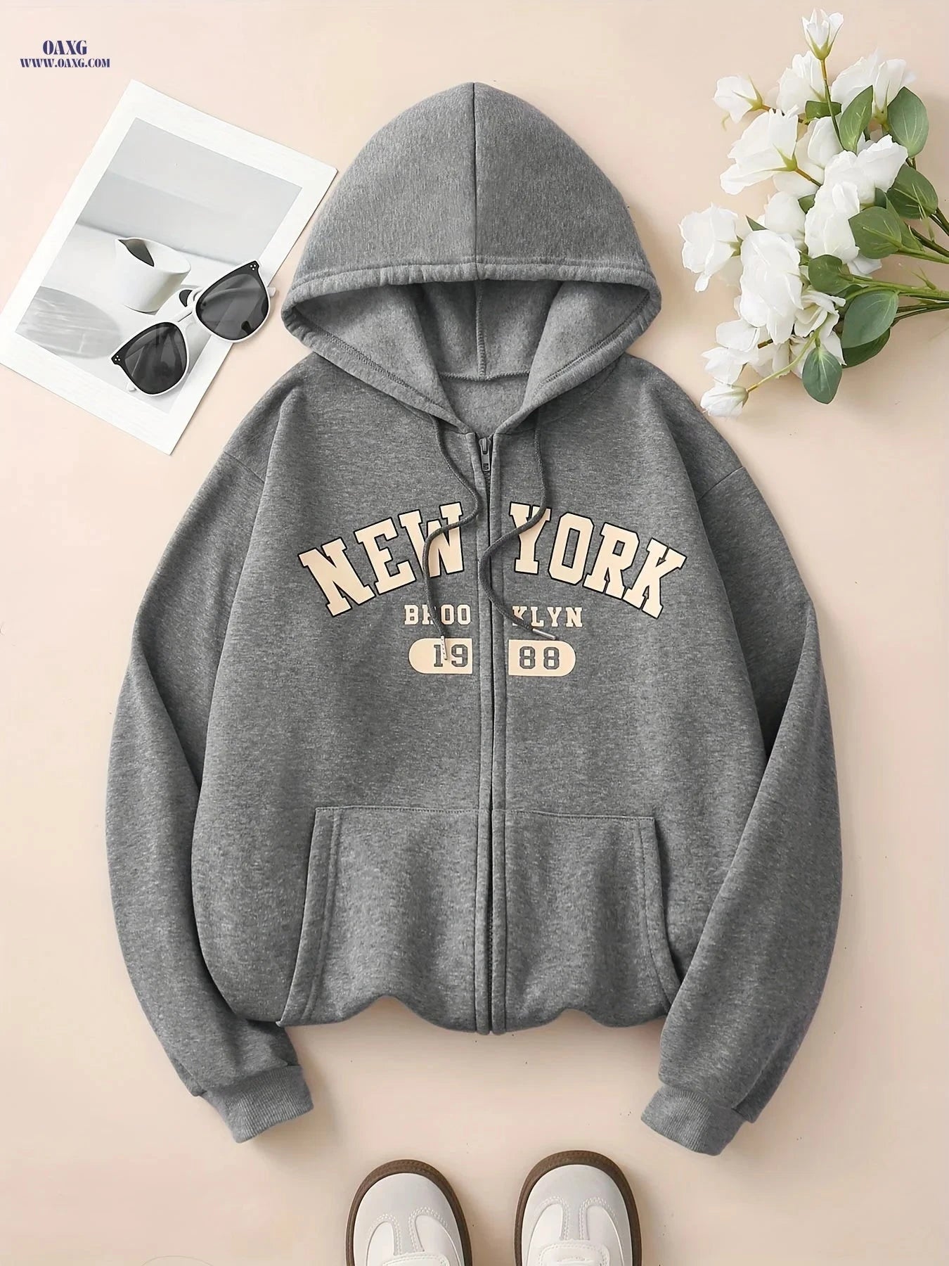 OAXG Women's Zip-Up Hoodie - Casual Fleece Jacket for Spring/Fall   OAXG 