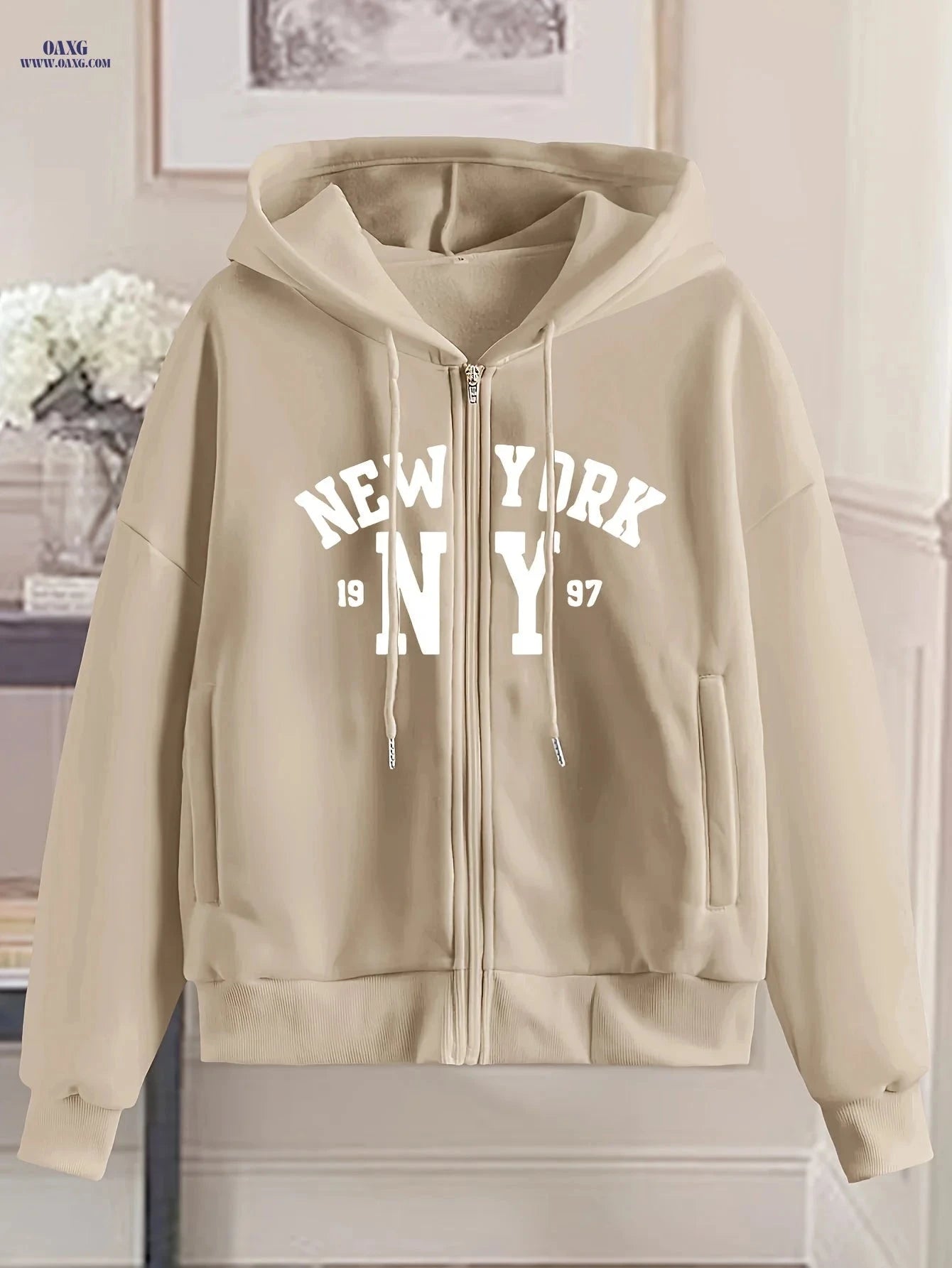 OAXG Women's Zip-Up Hoodie - Geometric Pattern, Spring/Fall Style   OAXG 