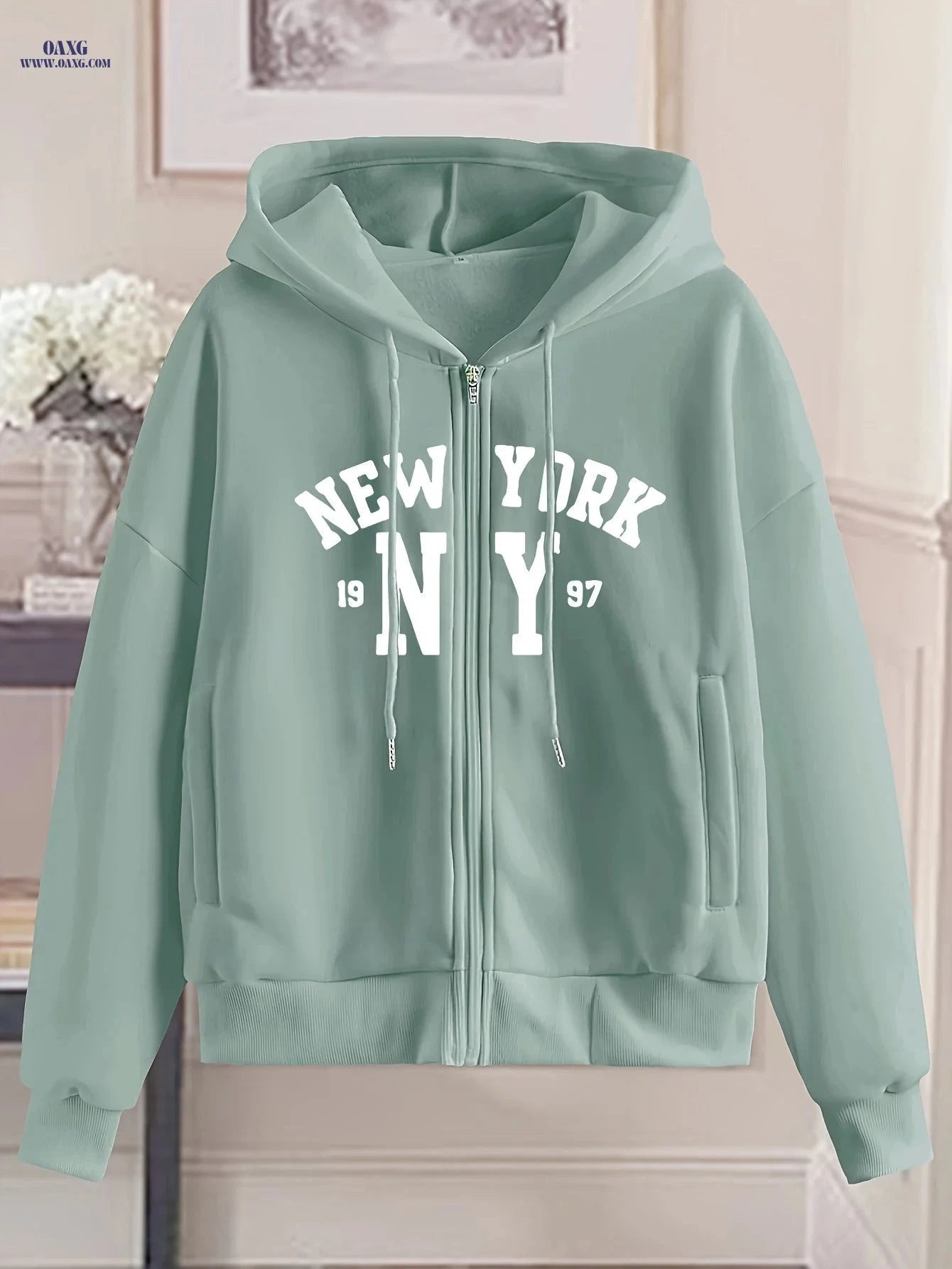 OAXG Women's Zip-Up Hoodie - Geometric Pattern, Spring/Fall Style   OAXG 