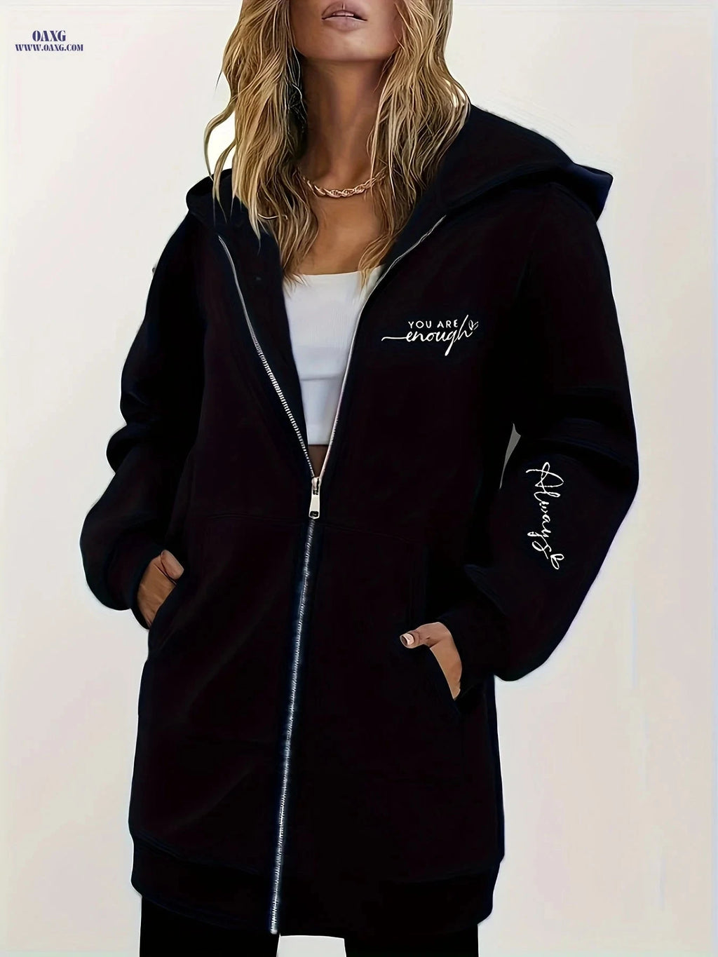 OAXG Women's Zip-Up Hoodie - Geometric Print, Micro Elasticity   OAXG 